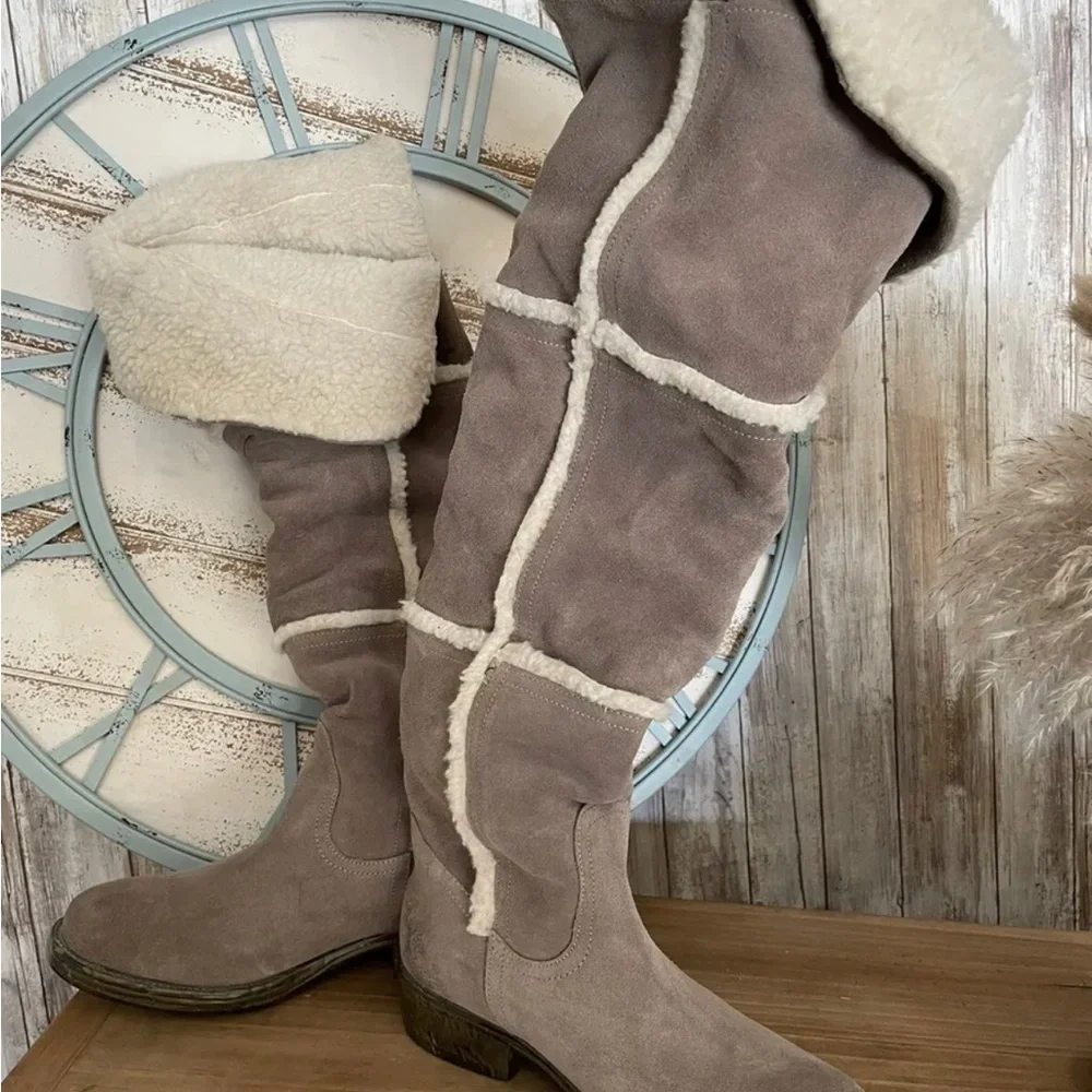 Lavorazione Artigianale Womens Leather Suede Shearling Knee High Boots sz 39 New